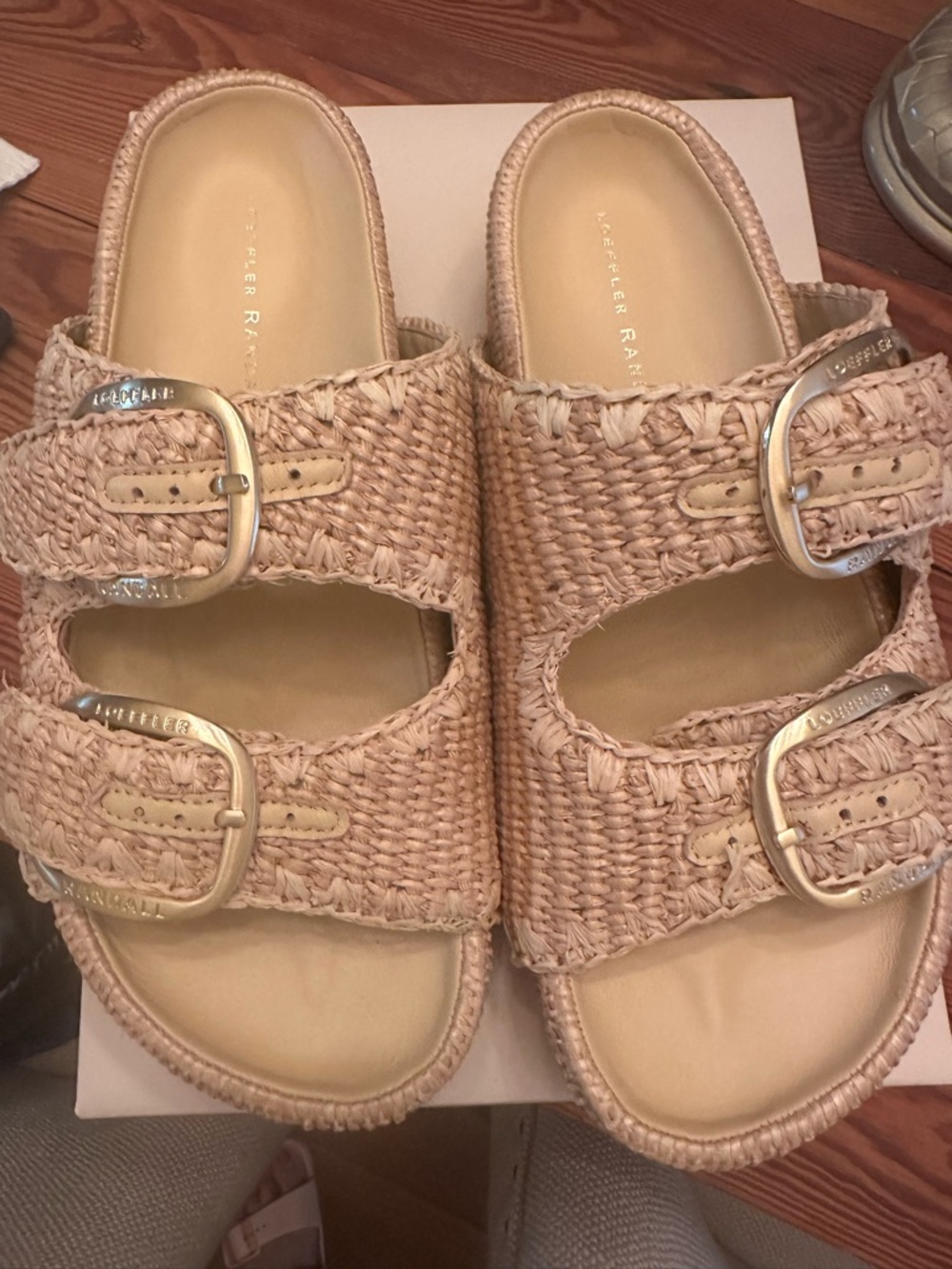 Loeffler Randall Woven Double-Buckle Slide Sandals in Tan - Picture 2 of 5